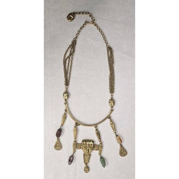 Vintage Goldette Necklace Egyptian Revival Dangling Glass Stones Gold-Tone AeB - Picture 3 of 6